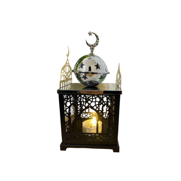 Ramadan Silver Crescent Moon Incense Burner with Lantern Cutouts | 7138-16