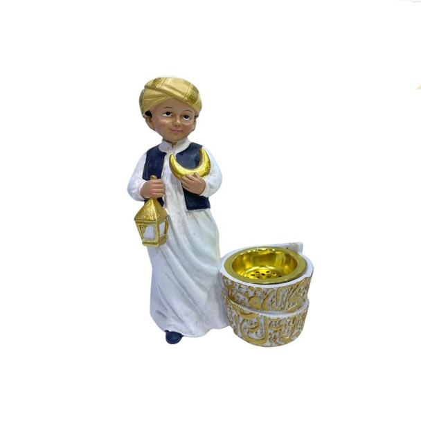 Ramadan Boy Resin Incense Burner Figurine with Lantern & Crescent | 2002-76