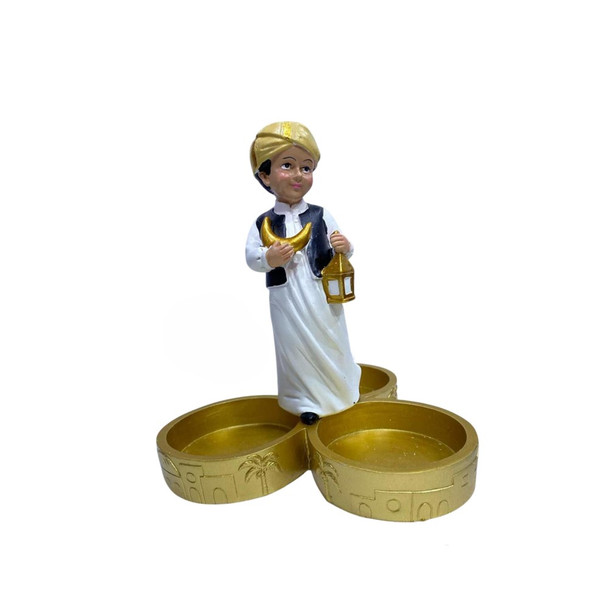 Ramadan Boy Figurine with Lantern & Triple Tray – Resin Decorative Piece | 2002-74