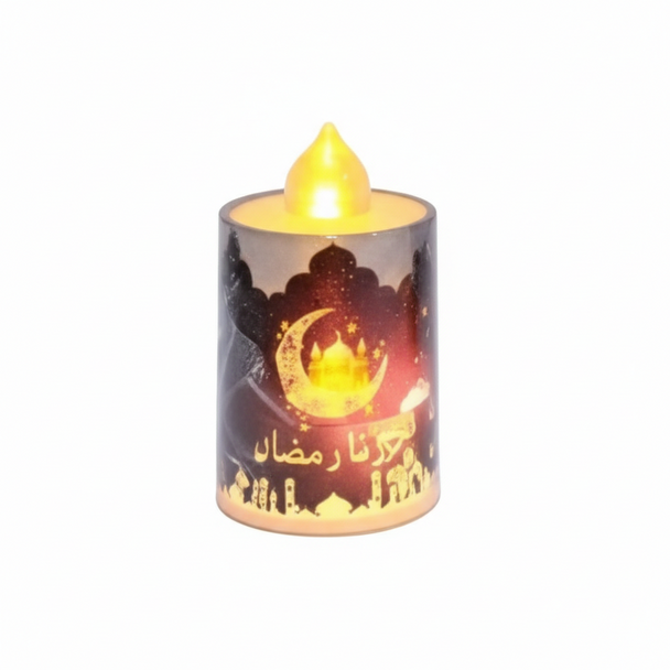 Ramadan LED Candle Light with Crescent Moon & Mosque Pattern – Black | 7082-8B