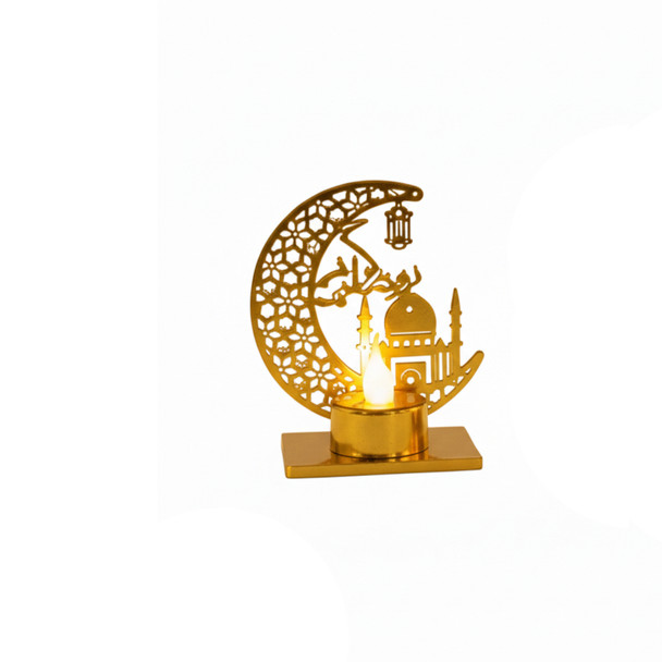 Ramadan Crescent Moon LED Candle Holder with Mosque Design – Gold | 7082-11B
