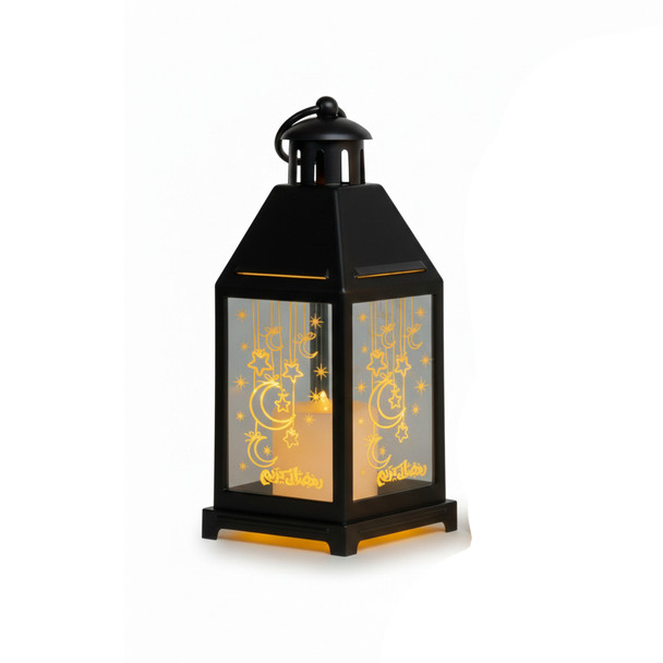 Ramadan Hanging Star & Moon LED Lantern with Glass Panels – Black | 7082-32B