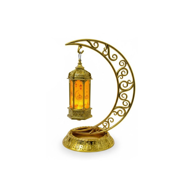 Ramadan Gold Metal LED Lantern with Mosque Illustration Panels | 7082-24