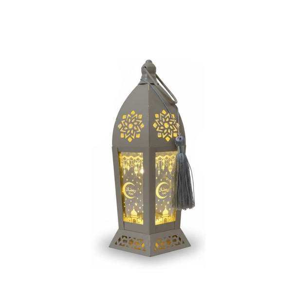 Ramadan Decorative Grey LED Lantern with Tassel & Mosque Pattern | 7138-83