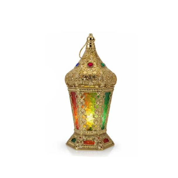 Ramadan Ornate Gold LED Lantern with Multicolor Glass Panels | 7138-69