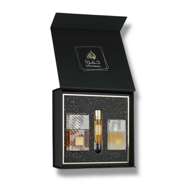 Lattafa Khamrah Unisex Bundle, Perfume 100ml + Hair Mist 50ml + Travel Spray 12ml