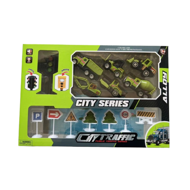 City Series Alloy City Traffic Playset with Light & Sound – 6 Vehicles + Traffic Signs | 723B43