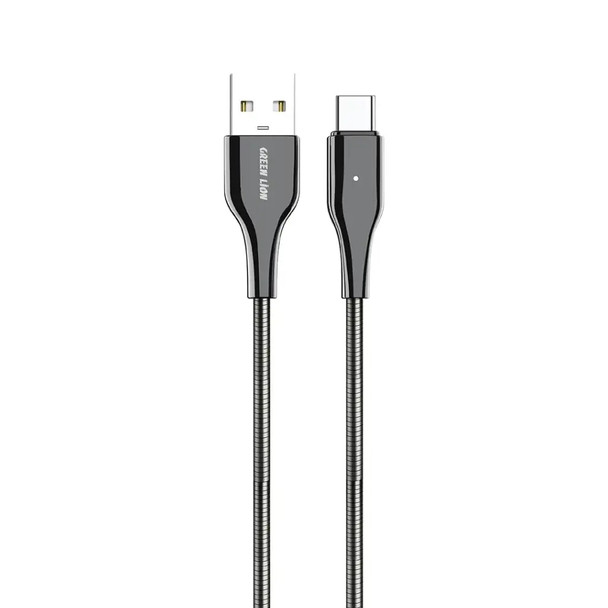 Green Lion silver metal spring hose USB-A to USB-C cable with zinc alloy connectors and charging light