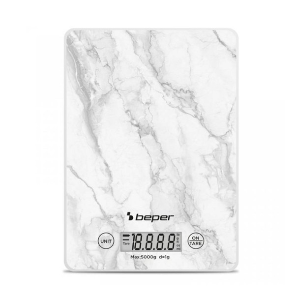 Beper Digital Kitchen Scales Tempered Glass Top Tare Function LCD Touch Display Accuracy 1G – 5Kg Hanging Battery Included White Marble | P102BIL004