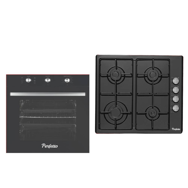 Perfetto 60cm Built-In Hob & Gas Oven Bundle Black with 4 Burners, Turbo Fan & Timer | PERTOP60BL+PEROV60BL