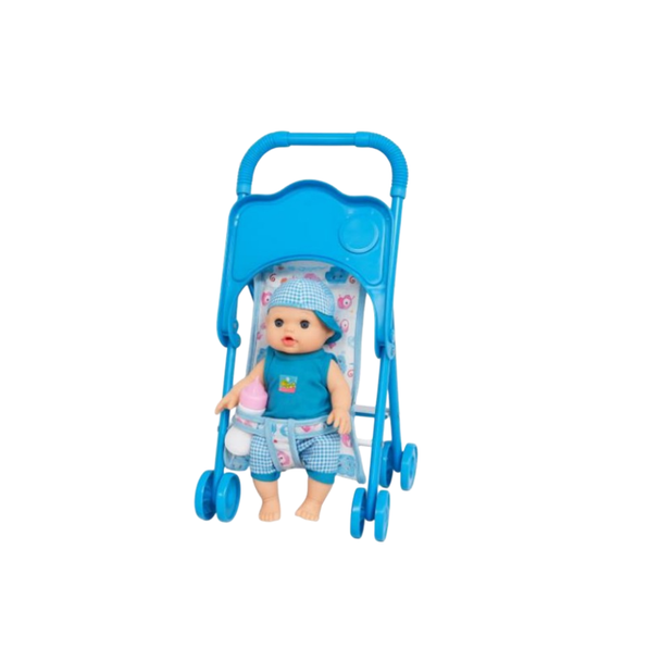 Baby Doll with Stroller Set - Blue Outfit with Feeding Bottle | 8866-8