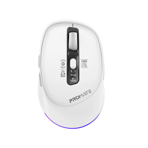 Promate Silent-Click 1600DPI Triple-Mode Rechargeable Mouse w/ Multi-Device Connectivity - White | Blix-3M
