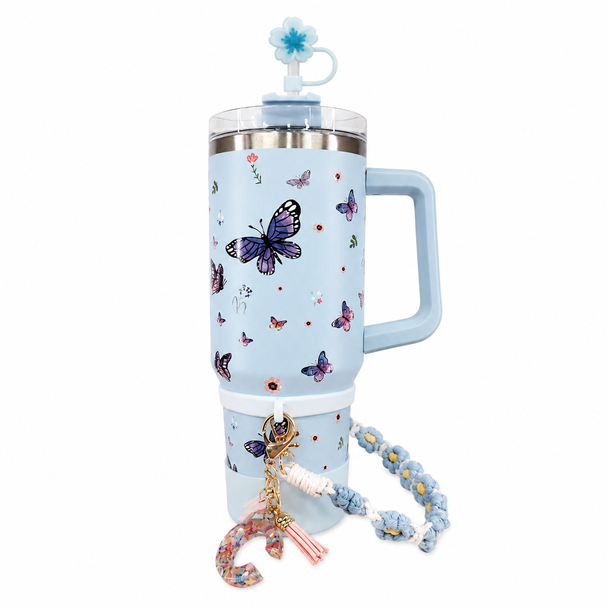 Butterfly Stainless Steel Double Wall Vacuum Insulated Tumbler 1200ml With Letter Charm - Baby Blue | C4094-BBL