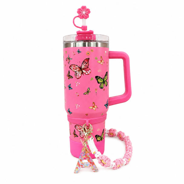 Butterfly Stainless Steel Double Wall Vacuum Insulated Tumbler 1200ml With Letter Charm - Pink | C4094-PK