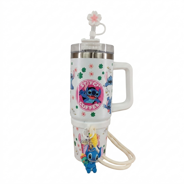 Stitch Coffe Stainless Steel Double Wall Vacuum Insulated Tumbler 1200ml With Stitch Character Charm - White | C4087-WH