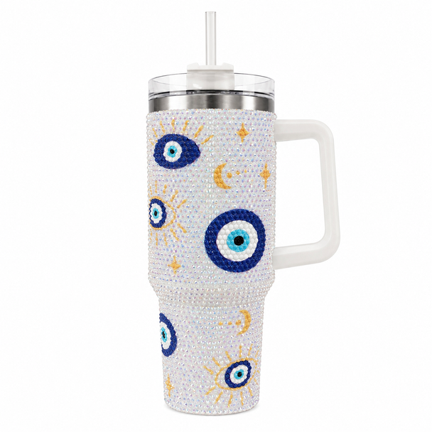 Rhinestone Evil Eye Stainless Steel Double Wall Vacuum Insulated Tumbler 1200ml - White | C4084-WH