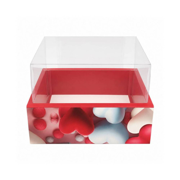 Red Hearts Square Gift Box with Clear Transparent Lid - 25x25x15cm | D50-RD