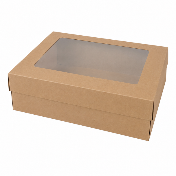 Kraft Brown Rectangular Gift Box with Clear Window Lid 34x26x10cm | D61-BR