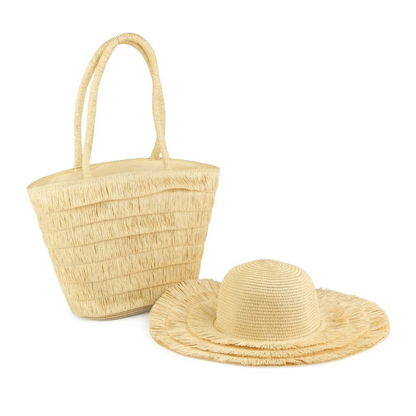 Beige Fringe Beach Bag and Hat Set | C-3131-BEG