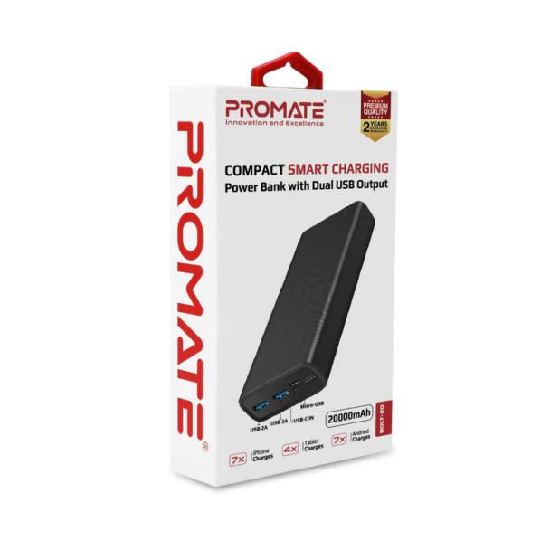 Promate Compact Smart Charging Power Bank with Dual USB Output | Bolt-20