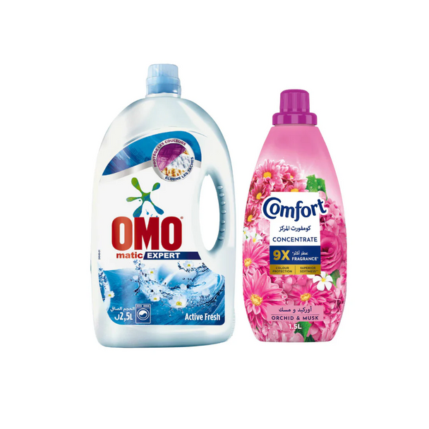 Omo Active Fresh Matic Laundry Detergent 2.5L + Comfort Orchid & Musk Fabric Softener 1.5L 20% OFF | 297823