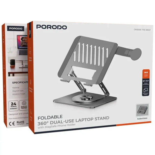 Porodo Foldable 360° Dual-Use Laptop Stand - Gray | PDLSM360DKGY