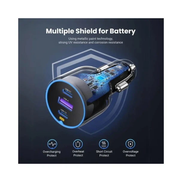 UGREEN EC703 75W 3-Port Fast Car Charger for Phones Tablets iPads Laptops & MacBooks | 35024