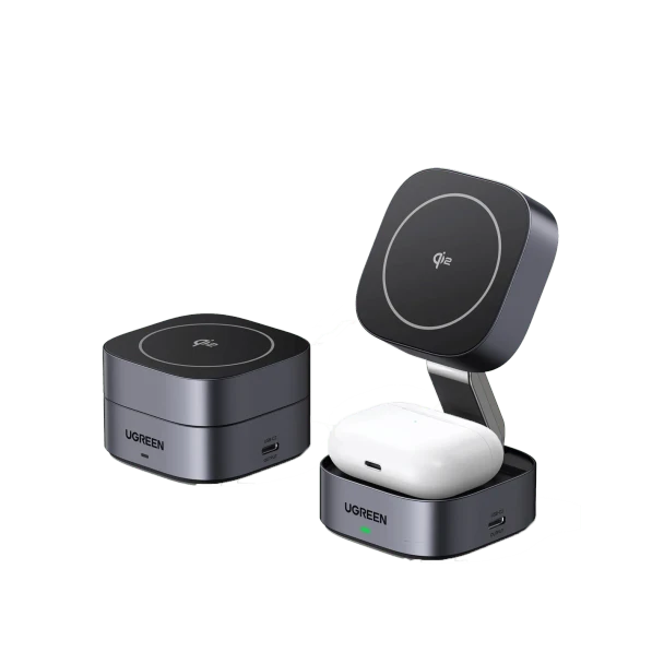 UGREEN 2-in-1 Qi2 Magnetic Foldable Wireless Charger Grey with 15W phone charging and 5W earbuds charging