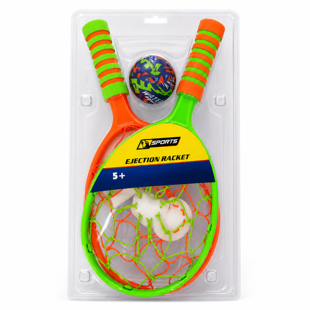 Ages 5+ Ejection Racket Set orange and green with ball and soft projectiles 0688A