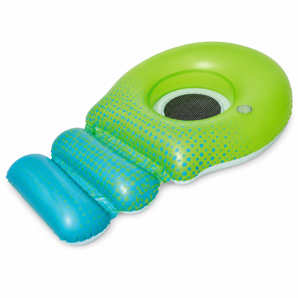 Green and blue inflatable pool lounge with mesh seat, footrest, and built-in holder 43138