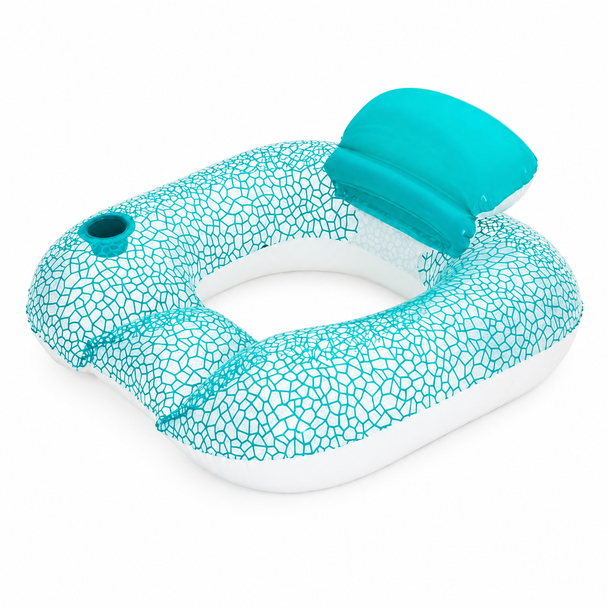 Turquoise and white inflatable pool lounge chair with raised backrest, open seat, and cup holder 43097