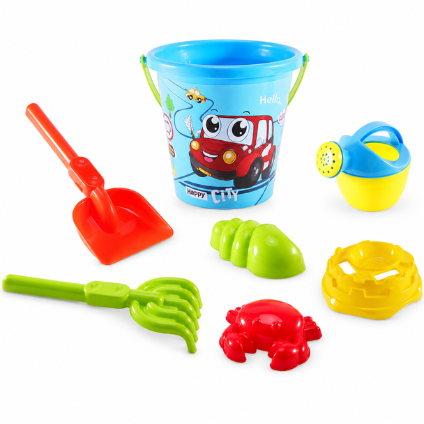 Happy City Kids 7-Piece Beach and Sand Toy Set with Blue Bucket and Accessories - AZ-5523