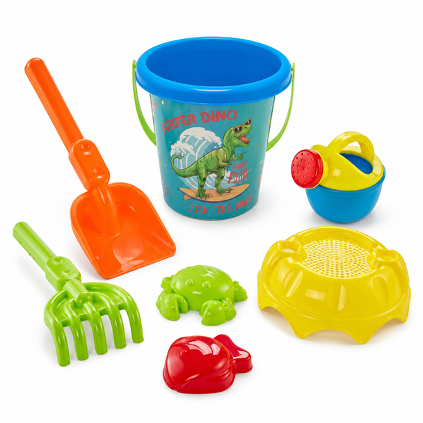 Super Dino Kids 7-Piece Beach and Sand Toy Set with Blue Bucket and Accessories - JJ026