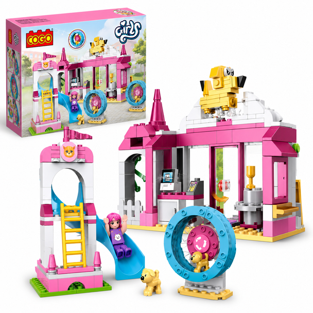 COGO Girls Pink Pet House Building Block Set with Slide and Rotating Pet Wheel - 4569