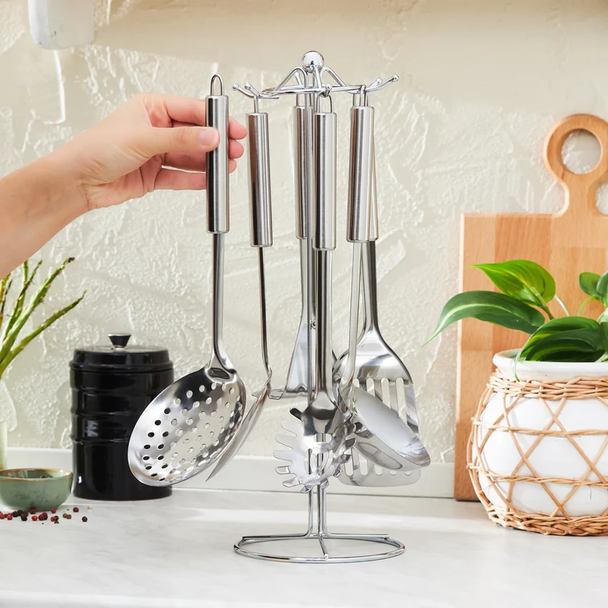 Karaca Chef 6-Piece 18/10 Stainless Steel Kitchen Utensil Set with Stand - 153.03.07.8790
