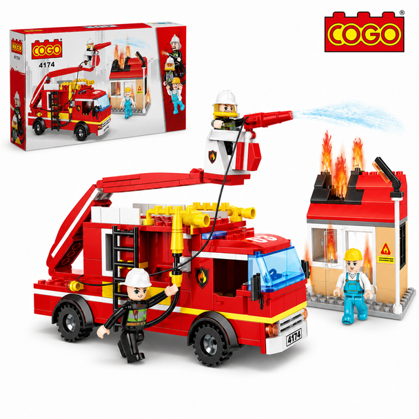 COGO 4174 Fire Rescue Truck 328-Piece Building Block Set with Ladder and Minifigures
