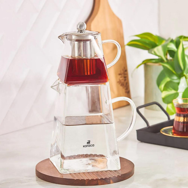 Karaca Giza Borosilicate Glass Teapot Set with Stainless Steel Strainer - 450ml and 1.5L - 153.03.08.2334