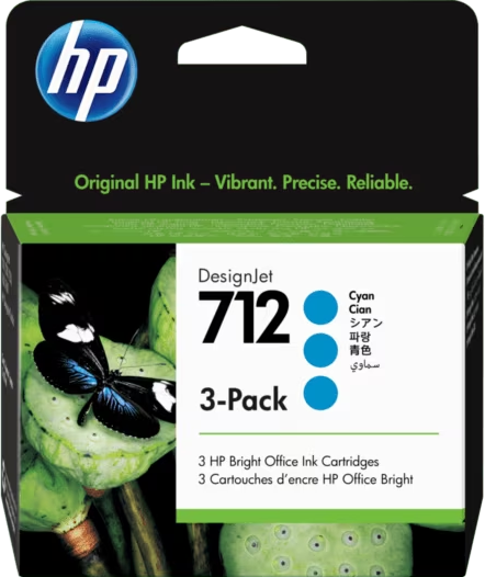 HP 712 Cyan DesignJet Ink Cartridge 3-Pack | 3ED77A