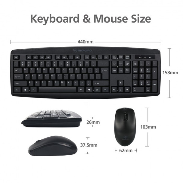 Micropack Classic Wireless Combo Keyboard & Mouse, Black | KM-203W