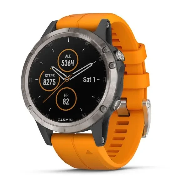 Garmin Fenix 5 Plus Premium Multi-Sport GPS Watch with Maps, Music, Metrics and More - Sapphire, Titanium with Solar Flare Orange Band | 010-01988-04