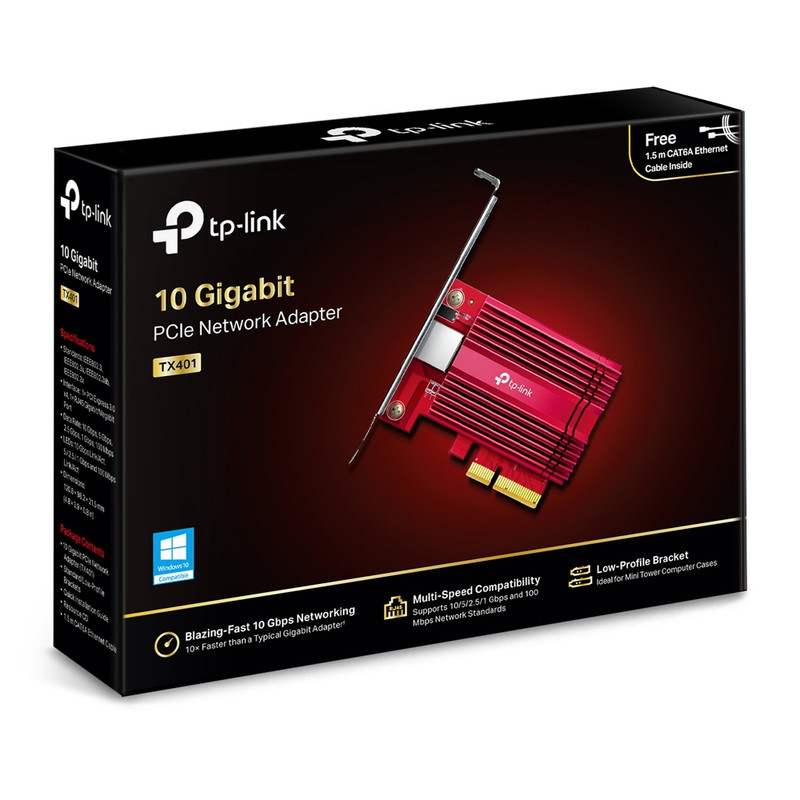 TP-Link TX401 — 10 Gigabit PCIe Network Adapter | 10GBase-T RJ45 Card with CAT6A Cable