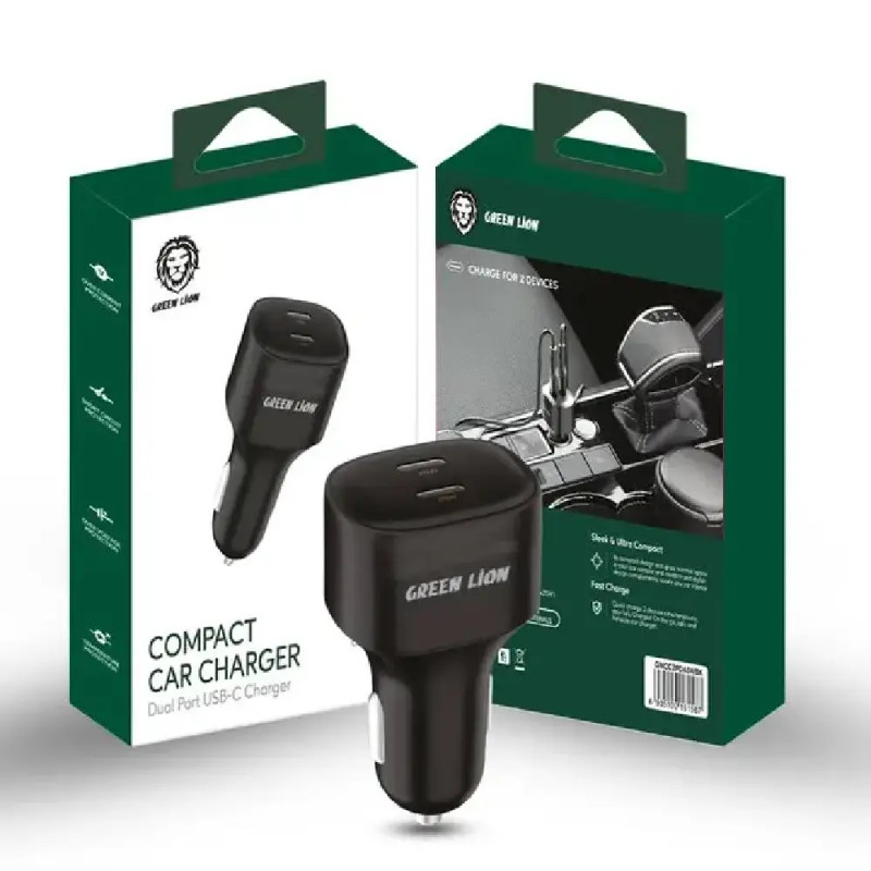 Green Lion Compact car charger Dual Port USB-C charger ,Black | GNCC2PD45WBK