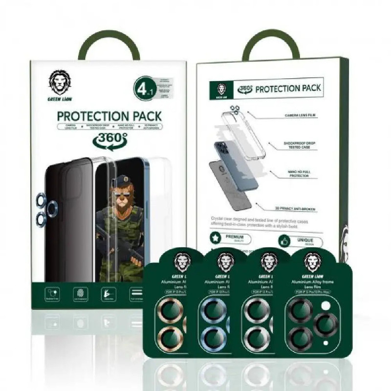 Green Lion Protection Pack 4 in 1 (Camera Lens Flim + Shockproof Drop Tested Case + Nano HD Full Protector + 3D Privacy Anti-Broken),iPhone 13ProMax (6.7") , Black | GN4IN1PG13PMBK