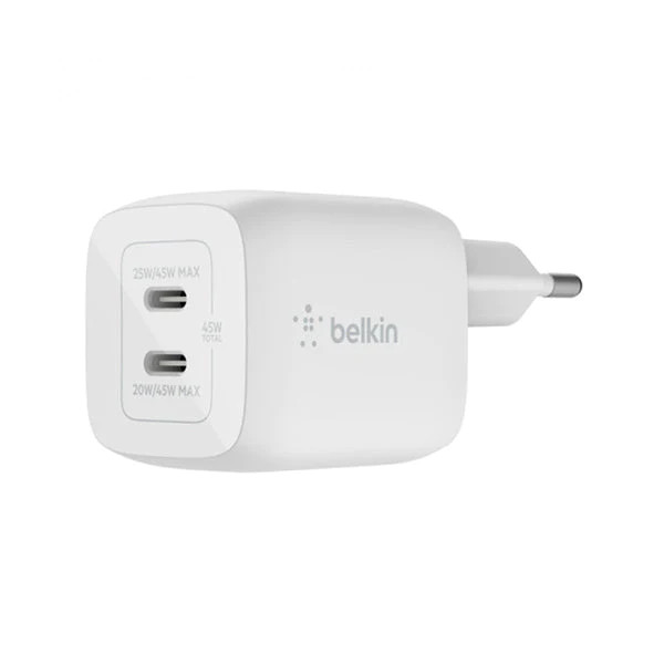 Belkin Boost Charge PRO Dual USB-C GaN Wall Charger with PPS 45W,White | WCH011VFWH