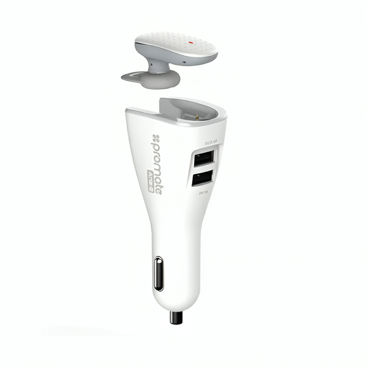 Promate Bluetooth v4.1 Headset for Music & Calls With Smart Wireless Car Charging Dock and 3.4 Dual Fast Charging | ARIA-2. WHITE