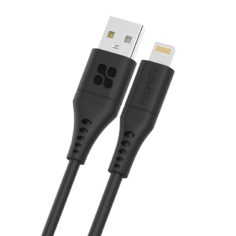 Promate USB-A to Lightning Data and Charge Flexible Silicon Cable, 1.2m Length,Black | POWERLINK-AI120.BLACK