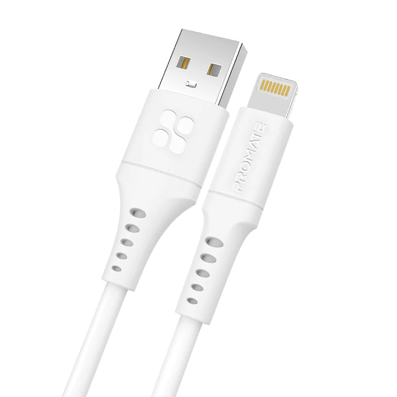 Promate USB-A to Lightning Data and Charge Flexible Silicon Cable, 1.2m Length,White |POWERLINK-AI120.WHITE