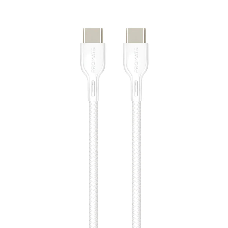 Promate 60W USB‐C to USB‐C cable with Power Delivery Support, 2Meter,White | POWERBEAM-CC2. White
