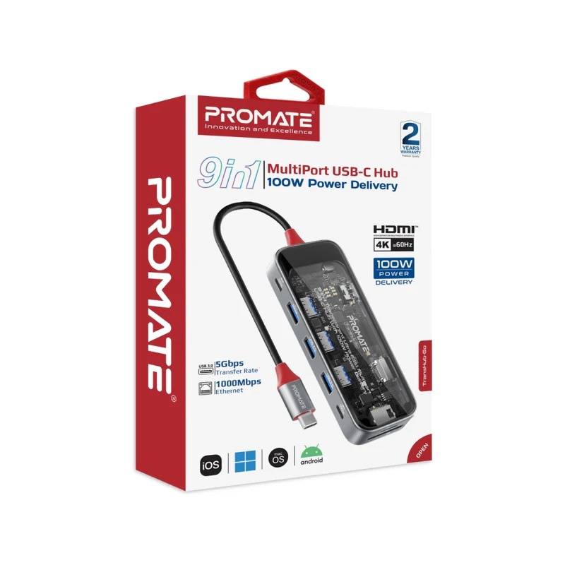 Promate 9-in 1 Transparent Ultra-Fast Multiport USB-C Hub | TransHub-Go