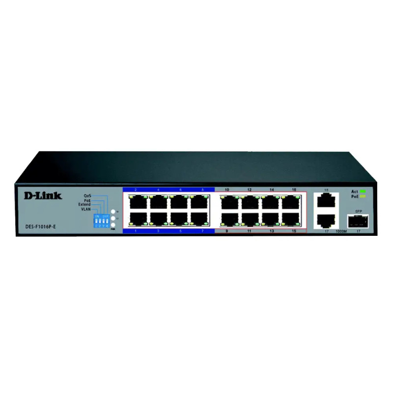 D-Link DES-F1016P-E 16-Port 10/100 Long Range PoE Surveillance Switch , Up To 150 Watts Available For PoE , Plug & Play , 250 Meters Transmission , 6KV Lightening Protection | DES-F1016P-E